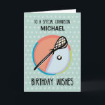 Carte Grandson 14e anniversaire Lacrosse Sport Personnal<br><div class="desc">Quand votre petit-fils joue ou aime le sport de la crosse, cette carte sera parfaite ! Un bâton de crosse avec une balle est vu avec un arrière - plan en turquoise. Personnalisez-le avec son nom, ainsi que son âge ! Qu'il ait 10 ou 25 ans, il adorera voir son...</div>