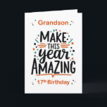 Carte Grandson 17e anniversaire rendre cette année Extra<br><div class="desc">Célébrez votre petit-fils extraordinaire à son 17e anniversaire avec cette carte audacieuse et confiante. Le devant indique "Grandson - Make This Year Extraordinaire" avec "17th Birthday" ci-dessous, dans un design moderne orange et gris avec des points ludiques. Une façon parfaite de lui rappeler qu’il est prêt à prendre une autre...</div>