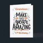 Carte Grandson 17e anniversaire rendre cette année Extra<br><div class="desc">Célébrez votre petit-fils extraordinaire à son 17e anniversaire avec cette carte audacieuse et confiante. Le devant indique "Grandson - Make This Year Extraordinaire" avec "17th Birthday" ci-dessous, dans un design moderne orange et gris avec des points ludiques. Une façon parfaite de lui rappeler qu’il est prêt à prendre une autre...</div>