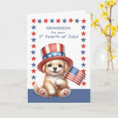 Carte Grandson 1er 4 juillet Chien mignon avec drapeau C (Fleur jaune)