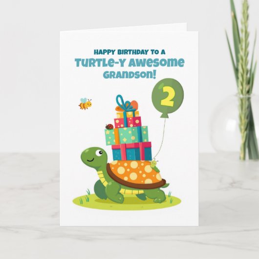 Carte Grandson 2e anniversaire mignonne tortue avec des (Devant)