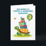 Carte Grandson 2e anniversaire mignonne tortue avec des<br><div class="desc">Célébrez le 2e anniversaire de votre petit-fils avec cette adorable carte de tortue. Une tortue verte joyeuse porte une pile de cadeaux colorés tandis que de petits amis - une abeille, coccinelle et chenille - se joignent à l'amusement. Parfait pour tout enfant de deux ans amoureux de la tortue d'apporter...</div>