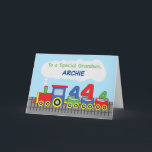 Carte Grandson 4e anniversaire Train coloré sur la voie<br><div class="desc">Il est temps pour vous de commander une copie de cette carte colorée pour donner à votre petit-fils la célébration de son 4ème anniversaire. Cette carte est livrée avec un front personnalisable pour que vous puissiez mettre son nom sur la couverture.</div>
