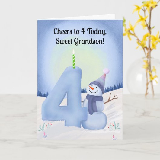 Carte Grandson 4th Birthday Snowman with Snowy Four (Fleur jaune)