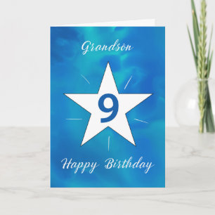 Carte Grandson 9e anniversaire Star Blue Green Aquarelle