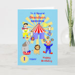 Carte Grandson Circus Clown Fun Heureux Anniversaire<br><div class="desc">Clowns et animaux de cirque super mignons,  y compris un lion,  un éléphant et des singes insolites; une telle carte ludique et colorée et facile à customiser avec un nom et des messages pour cette touche spéciale extra sans frais supplémentaires.</div>