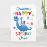 Carte Grandson Dinosaur 1er anniversaire<br><div class="desc">Une carte spéciale 1er anniversaire pour votre petit-fils ! Cette carte de premier anniversaire éclatante présente un dinosaure bleu, de jolies étoiles et un texte coloré. Un design mignon pour quelqu'un qui aura un an. Ajoutez le nom de l'enfant du 1er anniversaire à l'avant de la carte pour la customiser...</div>