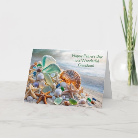 Carte Grandson Fathers with Beach Seashells Sea (Devant)