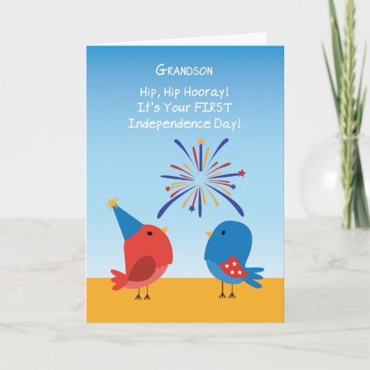 Carte Grandson First 4 juillet mignonne Birds Fireworks (Devant)