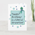 Carte Grandson Frog en Jeans, Anniversaire, Pois<br><div class="desc">Votre petit-fils attend et est prêt pour un bon plaisir ! Cette carte d'anniversaire comporte une mignonne grenouille assise sur une boîte de message saluant ses souhaits !</div>