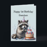Carte Grandson Fun Raccoon 1er Anniversaire<br><div class="desc">Grandson Fun Raccoon pour le premier gâteau d'anniversaire,  animal sauvage,  art graphique nature</div>