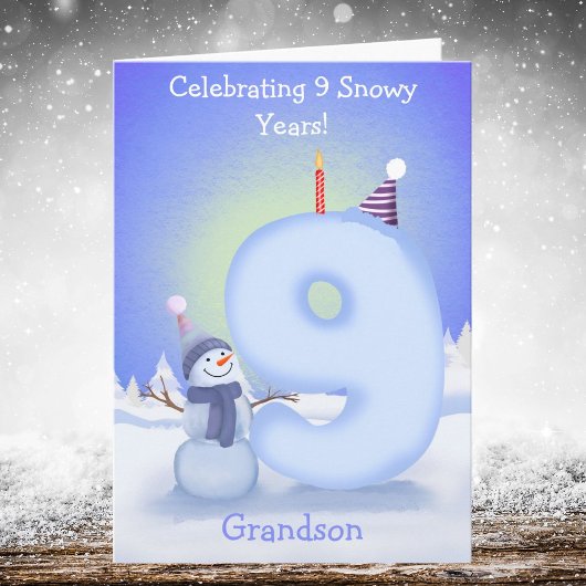 Carte Grandson Happy 9th Birthday Snowman Building 