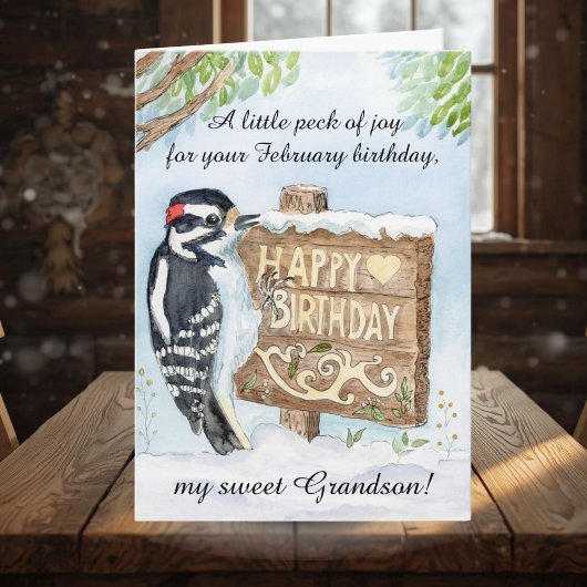 Carte Grandson Happy February Birthday Woodpecker