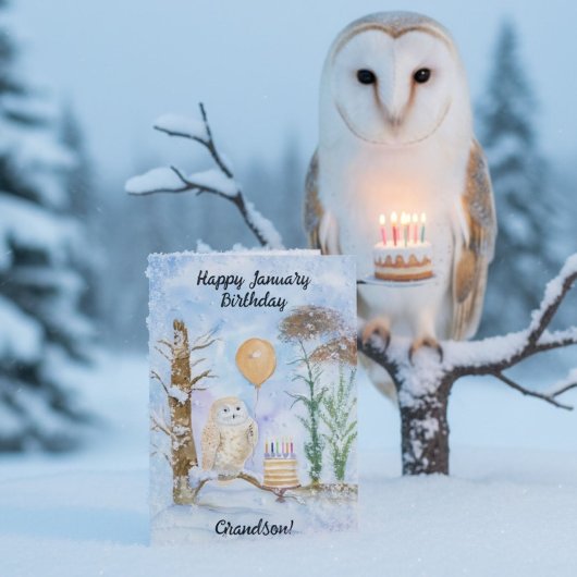 Carte Grandson Happy January Birthday Owl Cake