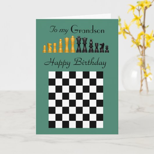 Carte Grandson - Joyeux anniversaire - Jeu d'échecs Pièc (Fleur jaune)