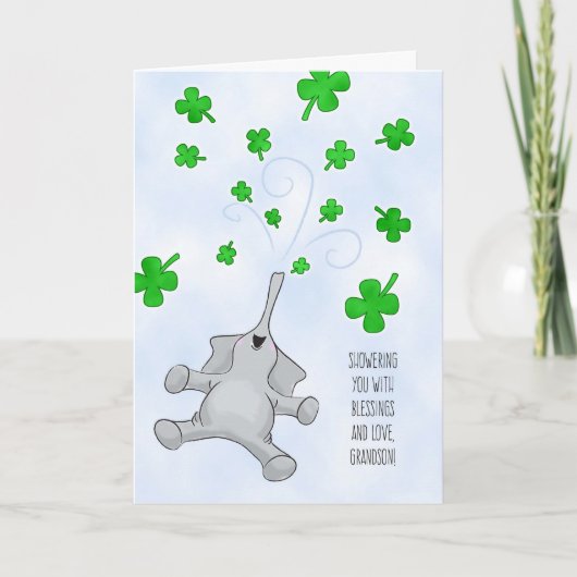 Carte Grandson, St. Patrick's Day Elephant & Shamrock (Devant)