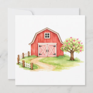Carte Grange rustique aquarelle rouge