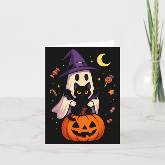 Carte Graphisme de fantôme et de chat noir Halloween vin (Devant)