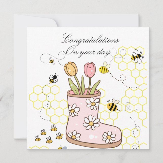 Carte Graphisme de félicitations d'abeille et de tulipes (Devant)
