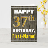 Carte Gras, Bois Faux, Or Faux 37e Anniversaire + Nom (Fleur jaune)