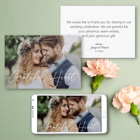 Carte Grateful Heart photo mariage merci