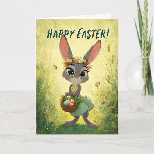 Carte Gray Bunny Wearing Flower-Crown w/ Easter Basket (Devant)