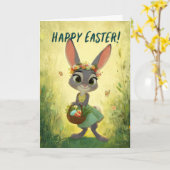 Carte Gray Bunny Wearing Flower-Crown w/ Easter Basket (Fleur jaune)