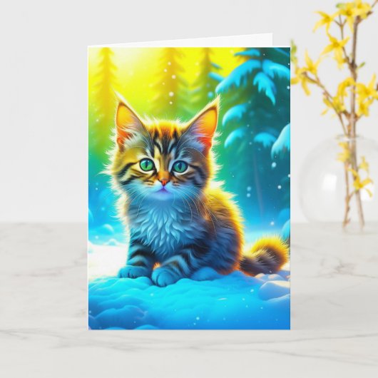 Carte Gray Christmas Kitten Blessures de vacances (Fleur jaune)