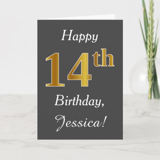 Carte Gray, Faux Gold 14e anniversaire + Nom personnalis (Devant)