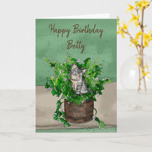 Carte Gray Kitten assis dans un pot de navet Anniversair (Fleur jaune)