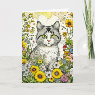Carte Gray Kitty Chat assis en Fleurs Anniversaire