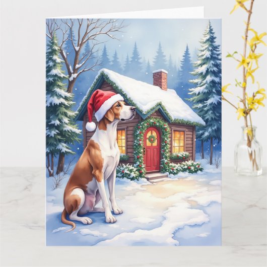 Carte Great Dane Snowy Cabin Santa Hat Christmas Art (Fleur jaune)