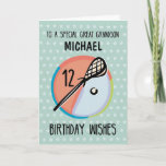 Carte Great Grandson 12e anniversaire Lacrosse Sport Per<br><div class="desc">Quand la crosse est son jeu, cette carte d'anniversaire sera sûr et s'il vous plaît hime. Célébrez le 12e anniversaire de votre arrière-petit-fils avec cette carte sport personnalisable. Des points subtils sont sur l'arrière - plan vert clair et un bâton et une balle de lautre sont à l'avant avec le...</div>