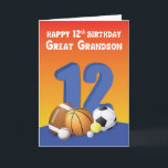 Carte Great Grandson 12e Anniversaire Sports Balls<br><div class="desc">Ne perdez plus de temps à chercher la meilleure carte pour donner un arrière-petit-fils passionné de sport. C'est la carte sportive dont vous avez besoin pour lui tirer un joyeux salut et des voeux de 12ème anniversaire.</div>