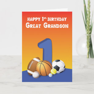Carte Great Grandson 1er anniversaire Sports Balls