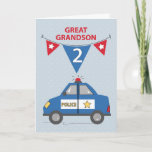 Carte Great Grandson 2e anniversaire Blue Police Car<br><div class="desc">Se précipitant pour apporter des salutations d'anniversaire, cette voiture de police bleue ravira sûrement votre arrière petit-fils à son 2ème anniversaire. À l'âge de deux ans, les voitures et les véhicules d'urgence seront reconnus et aimés. Un drapeau de canne, âgé de 2 ans, est accroché au-dessus de la voiture de...</div>