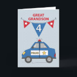 Carte Great Grandson 4e anniversaire Blue Police Car<br><div class="desc">C'est peut-être la carte parfaite pour donner un arrière-petit-fils à la célébration de son 4ème anniversaire. Quand il voit la police comme des héros,  il sera sûrement honoré de recevoir cette carte de voiture rouge,  blanc et bleu de la police.</div>