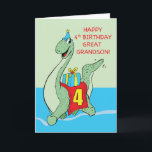 Carte Great Grandson, 4e anniversaire Dinosaur<br><div class="desc">Votre petit-fils mignon mérite d'obtenir une carte mignonne comme celle-ci qui a un gigantesque dinosaure courant sur le devant. Cela apporte aussi des salutations d'anniversaire gigantesques au jeune garçon.</div>