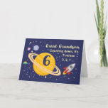 Carte Great Grandson 6e anniversaire Planètes dans l'esp<br><div class="desc">6 ans est hors de ce monde,  surtout quand c'est ton arrière petit-fils ! Bateau à fusée,  planètes et étoiles remplissent à l'avant de la carte avec le message que vous comptez pour dire Joyeux Anniversaire!</div>