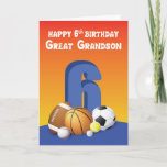 Carte Great Grandson 6e anniversaire Sports Balls<br><div class="desc">Faites un salut d'anniversaire amusant pour votre arrière-petit-fils. Surprenez-le avec cette carte à son 6ème anniversaire. Six boules de sport assorties sur le devant représentent chaque année de son âge.</div>