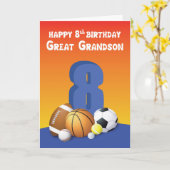 Carte Great Grandson 8e anniversaire Sports Balls (Fleur jaune)