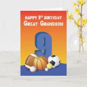 Carte Great Grandson 9e anniversaire Sports Balls (Fleur jaune)
