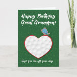 Carte Great Grandson Golf Sports Coeur Anniversaire<br><div class="desc">Envoyez un trou dans un anniversaire saluant votre arrière-petit-fils avec cette carte d'anniversaire de sport de golf inspiré avec une balle de golf texturé coeur sur le devant.</div>