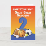 Carte Great Great Grand-petit son 2e anniversaire Sports<br><div class="desc">Cette année,  offrez à votre arrière-arrière-petit-fils bien-aimé un accueil souriant et souriant alors qu'il célèbre son 2e anniversaire. Une carte amusante comme celle-ci ne manque jamais de mettre un sourire dans le visage des célébrations.</div>