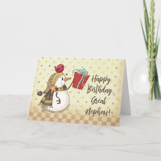 Carte Great Nephew Birthday Bird on Snowman présent (Devant)