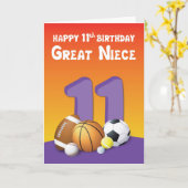 Carte Great Niece 11e anniversaire des balles de sport (Fleur jaune)