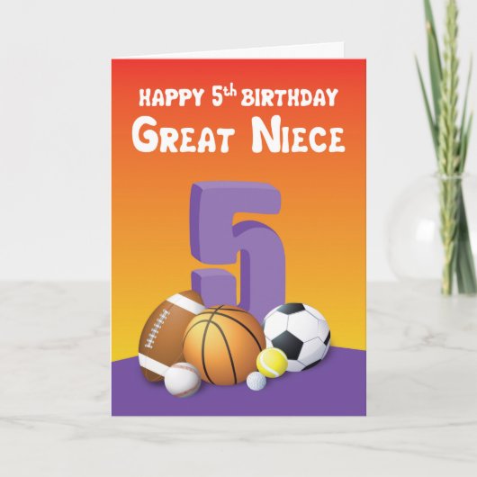 Carte Great Niece 5e anniversaire des balles de sport (Devant)