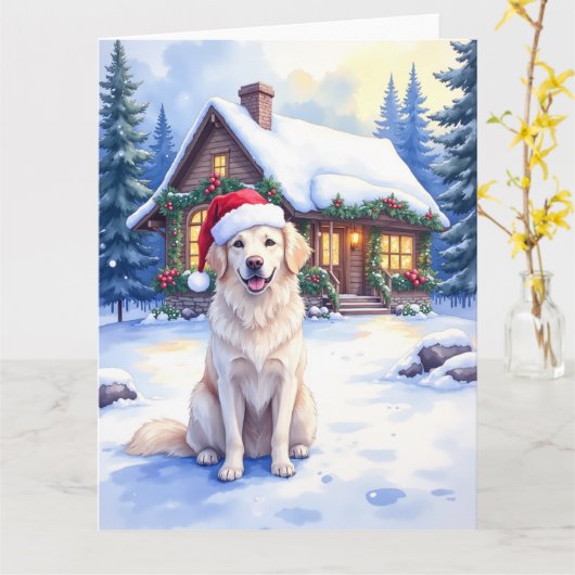 Carte Great Pyrenees Snowy Mountain Lodge Santa Hat (Fleur jaune)