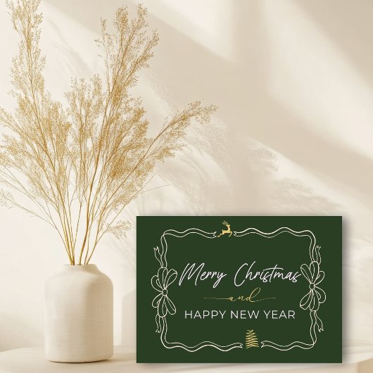Carte Green Bow & Trees Doodles Holiday Fold Card