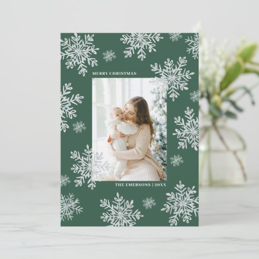Carte Green Elegant Joyeux Noël Snowflake Card (Debout devant)